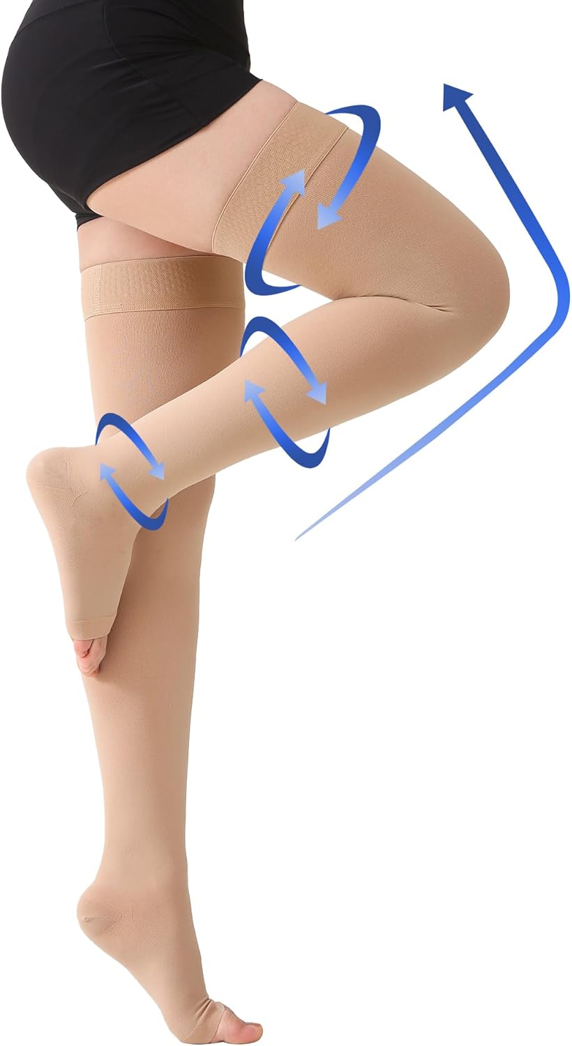 Thigh High Compression Stockings Toeless - Unisex, Opaque, KEKING 15-20mmHg Graduated Compression Leg Support Hose with Anti-Slip Silicone Band - Swelling, Varicose Veins, Edema, Travel, Beige Large