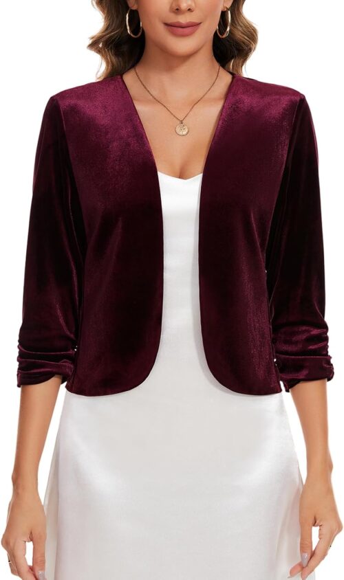 MINTLIMIT Velvet Blazers for Women 3/4 Ruched Sleeve Open Front Casual Work Office Cropped Cardigan Suit Jacket