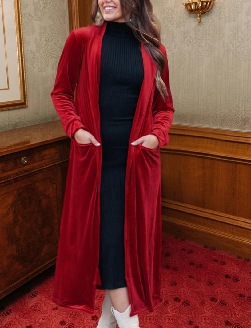 Women's Long Velvet Cardigan Jacket Casual Open Front Lapel Cardigan Maxi Blazer Duster Sweater with Pocket - Image 6