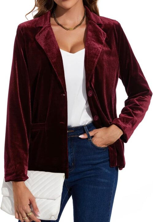 MINTLIMIT Velvet Blazer for Women Casual Work Office Long Sleeve Notched Lapel Button Blazer Jacket with Pockets Outerwear