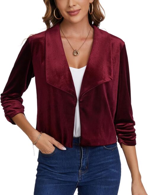 MINTLIMIT Women’s Casual Velvet Blazer Jackets 3/4 Ruched Sleeve Shawl Collar Draped Open Front Spring Short Velvet Blazers