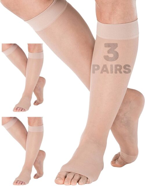 (3 Pairs) Made in USA – Open Toe Sheer Medical Compression Socks for Women 15-20mmHg