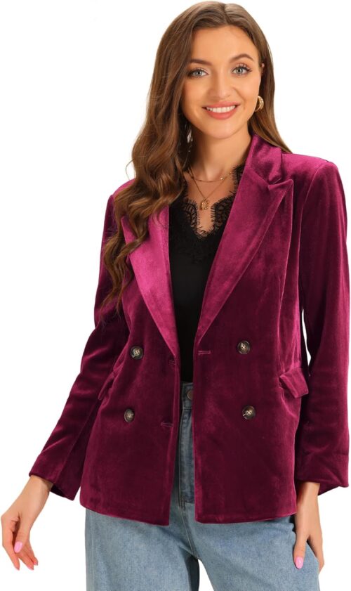 Allegra K Velvet Blazers for Women’s Notched Lapel Long Sleeve Double Breasted Blazer Jacket