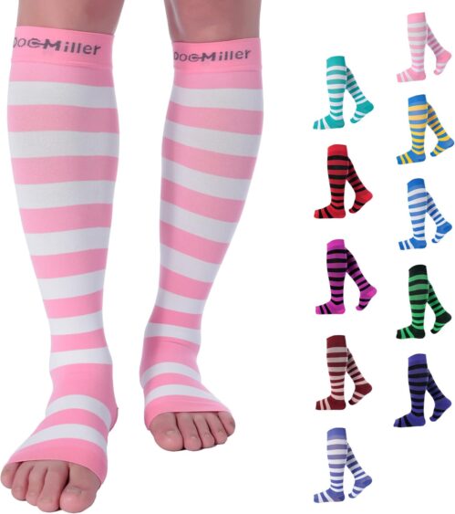 Doc Miller Toeless Compression Socks Women & Men – Open Toe 15-20mmHg Shin Splint Relief, Pregnancy Compression Socks, Knee-High Support, Stripes, 1 Pair