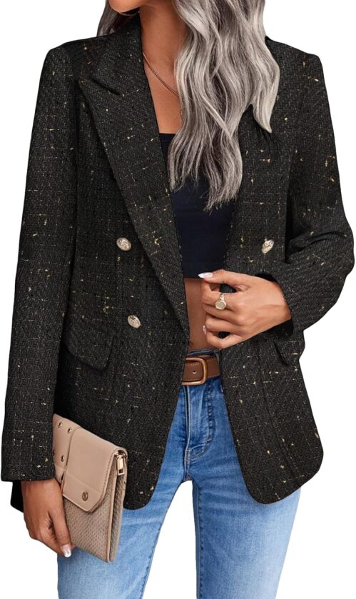 2025 Women’s Spring Tweed Blazer Jacket Plaid Fully-Lined Fashion Business Casual Lapel Elegant Coat with Pockets