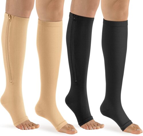 bropite Zipper Compression Socks Women & Men – 2Pairs Calf Knee High 15-20mmHg Open Toe Compression Stocking suit for Walking