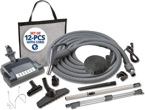 Central Vac Electric Pigtail Deluxe Attachment Set for Cleaning Carpets, Hardwood Floors, Furniture & Draperies – 30FT Crushproof Hose, Twist & Turn Brush, Deluxe Electric Brush, Wands & Storage Bag