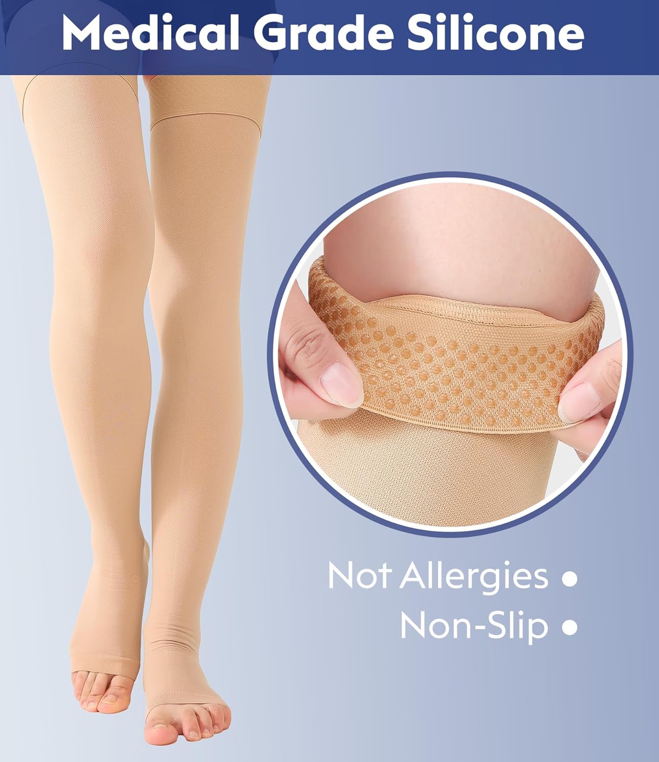Thigh High Compression Stockings Toeless - Unisex, Opaque, KEKING 15-20mmHg Graduated Compression Leg Support Hose with Anti-Slip Silicone Band - Swelling, Varicose Veins, Edema, Travel, Beige Large - Image 3